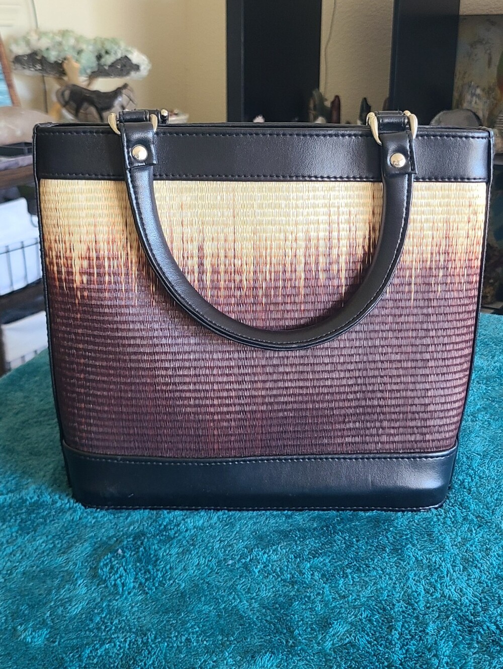 Le Sac Ombre Straw Tote Bag with Black Faux Leather Trim